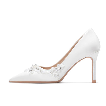 Shoeswoon Elegant Pearl Beaded Applique Satin Pointed Toe Stiletto Heels