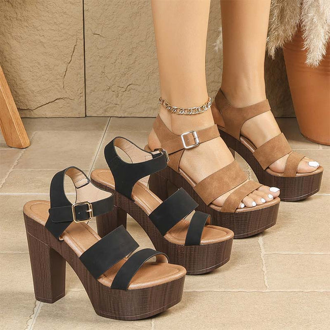 Shoeswoon Multi Strap Adjustable Buckle Ankle Chunky Wood Platform Sandals