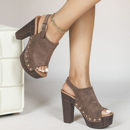 Shoeswoon Studded Peep Toe Wooden Platform Block Heel Slingback Sandals