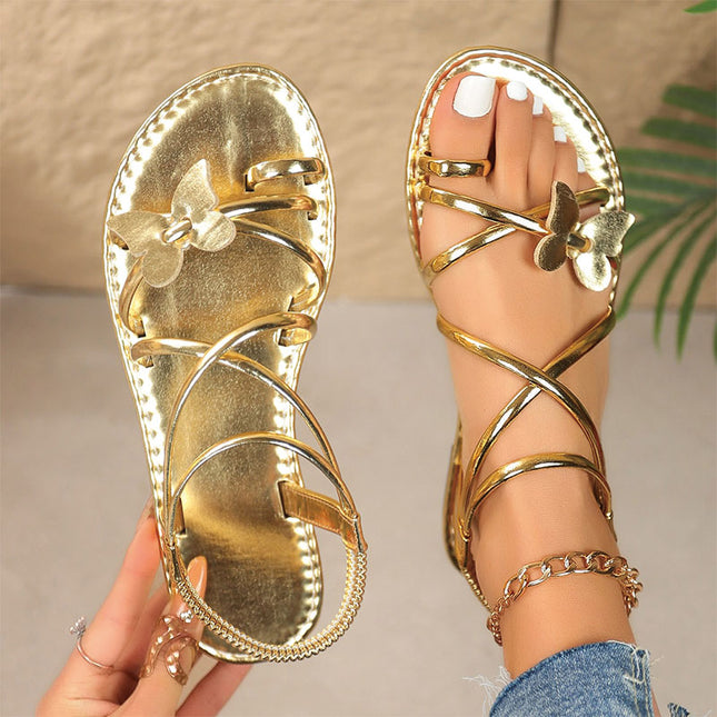 Shoeswoon Chic Metallic Butterfly Strappy Flat Sandals