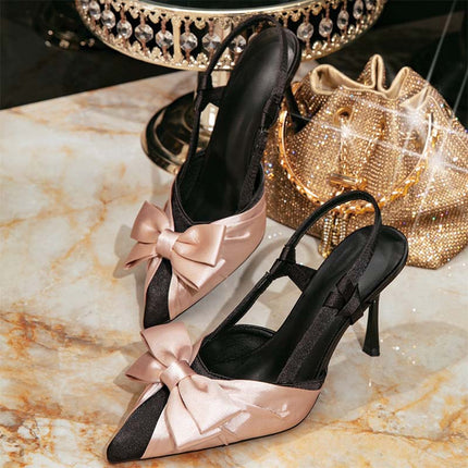 Shoeswoon Elegant Pointed Toe Bow Decor Color Block Stiletto Slingback Heels