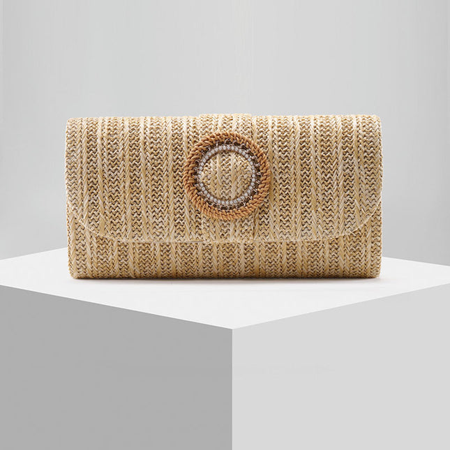 Shoeswoon Bohemian Straw Woven Envelope Clutch with Round Pearl Accent