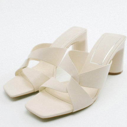 Shoeswoon Minimalist Square Toe Crisscross Chunky Heel Slide Mule Heels