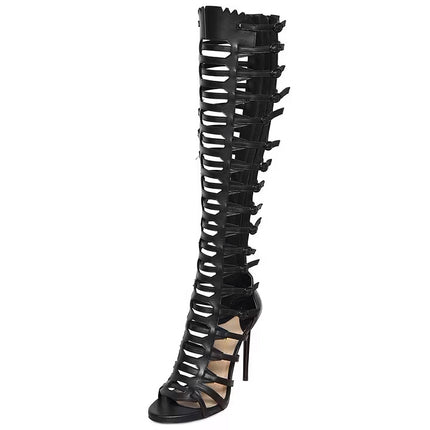 Shoeswoon Black Multi-Strap Knee-High Gladiator Heeled Sandals