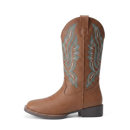 Shoeswoon Coffee Retro Embroidered Mid Calf Cowboy Boots