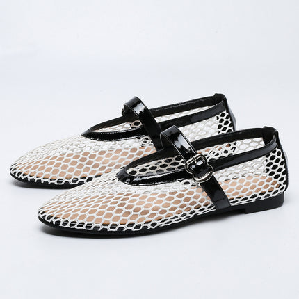 Shoeswoon Buckle Strap Fishnet Mesh Mary Jane Flats