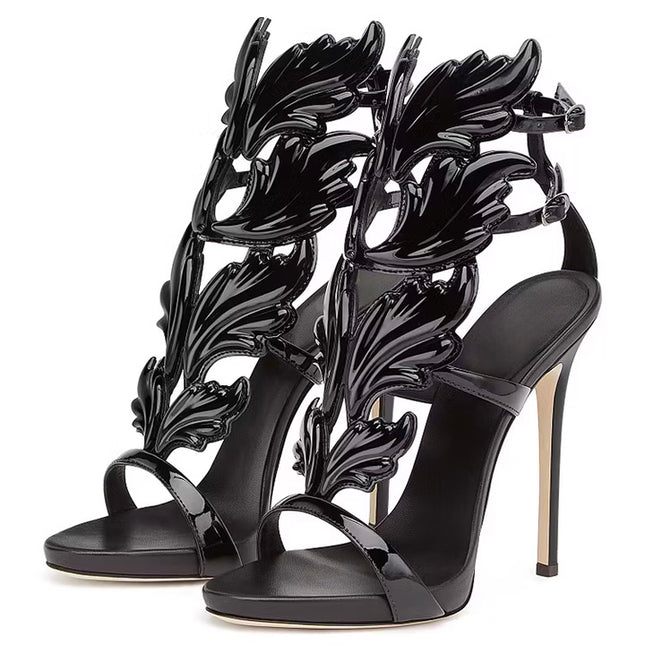 Shoeswoon Black Evening Shoes Luxury Metallic Heels Stiletto Sandals