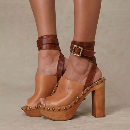 Shoeswoon Retro Wrap Buckle Chunky Platform Clog Sandals