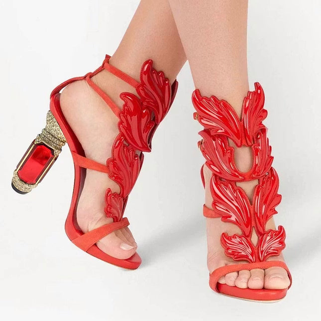 Shoeswoon Red Open Toe Buckle Strappy Rhinestone Sculptural Heeled Sandals