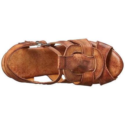 Shoeswoon Vintage Brown Distressed Peep Toe Platform Heels Studded Clog Sandals