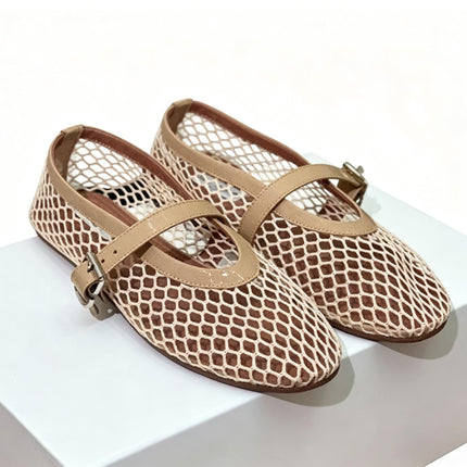 Shoeswoon Buckle Strap Fishnet Mesh Mary Jane Flats