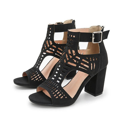 Shoeswoon Lattice Geometric Cutout Open Toe Buckle Strap Block Heel Ankle Sandals
