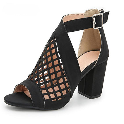 Shoeswoon Lattice Cutout Peep Toe Buckle Strap Block Heel Ankle Sandals