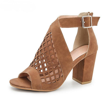 Shoeswoon Lattice Cutout Peep Toe Buckle Strap Block Heel Ankle Sandals